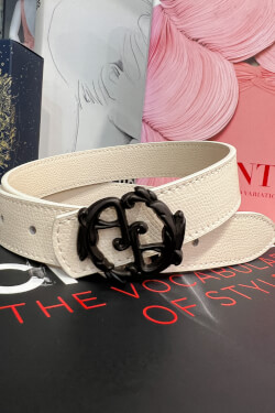 Rococo Logo Ecru Belt - Narrow With Black Buckle