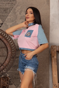 Denim crop top t-shirt - Pink